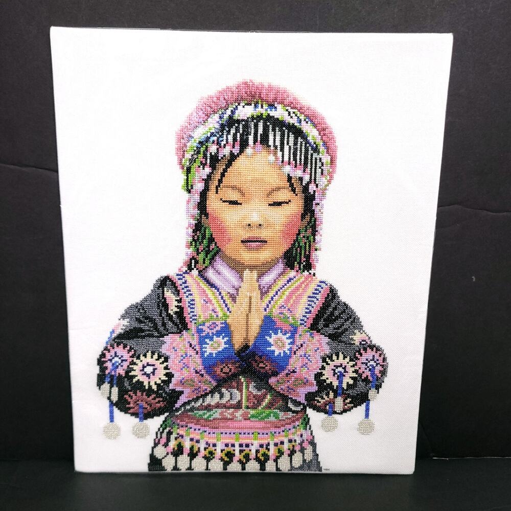 Handmade Completed Cross Stitch Woman Portrait Traditional Dress Ethnic Folk Art